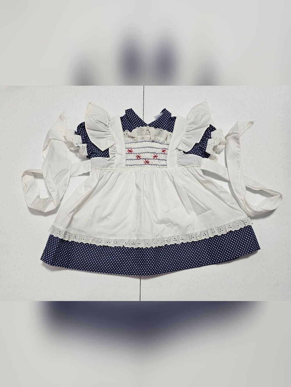 Vintage Polly Flinders Hand Smocked Apron Baby Toddler Dress Eyelet Trim